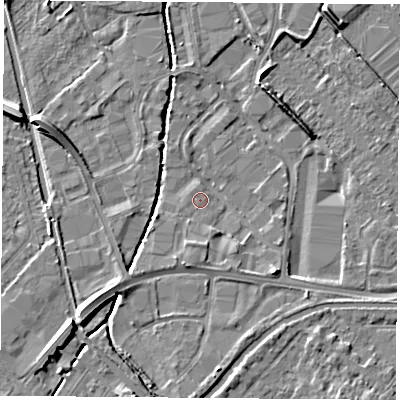 Shaded relief map of the ground around LE115GD, computed from Environment Agency LiDAR. The ground here sits at about 38 m above sea level and falls 7 m across the surrounding 800 m. Surface water reaching this point runs off ground lying to the south-east, 3.5 m higher.