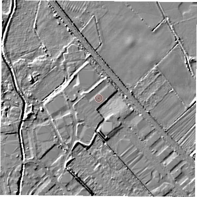 Shaded relief map of the ground around LE115GX, computed from Environment Agency LiDAR. The ground here sits at about 39 m above sea level and falls 6 m across the surrounding 800 m. Surface water reaching this point runs off ground lying to the north-north-east, 0.7 m higher.