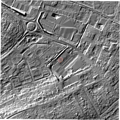 Shaded relief map of the ground around LE115HG, computed from Environment Agency LiDAR. The ground here sits at about 38 m above sea level and falls 8 m across the surrounding 800 m. Surface water reaching this point runs off ground lying to the south, 3.5 m higher.