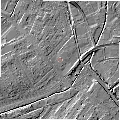 Shaded relief map of the ground around LE115HN, computed from Environment Agency LiDAR. The ground here sits at about 40 m above sea level and falls 8 m across the surrounding 800 m. Surface water reaching this point runs off ground lying to the west-south-west, 0.7 m higher.