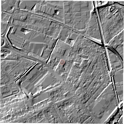 Shaded relief map of the ground around LE115HQ, computed from Environment Agency LiDAR. The ground here sits at about 39 m above sea level and falls 7 m across the surrounding 800 m. Surface water reaching this point runs off ground lying to the south-south-east, 2.8 m higher.
