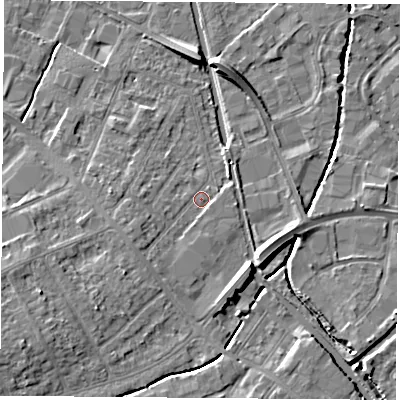 Shaded relief map of the ground around LE115HU, computed from Environment Agency LiDAR. The ground here sits at about 39 m above sea level and falls 7 m across the surrounding 800 m. Surface water reaching this point runs off ground lying to the west-south-west, 2.2 m higher.