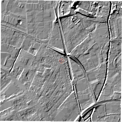 Shaded relief map of the ground around LE115HX, computed from Environment Agency LiDAR. The ground here sits at about 38 m above sea level and falls 11 m across the surrounding 800 m. Surface water reaching this point runs off ground lying to the south-south-west, 3.6 m higher.