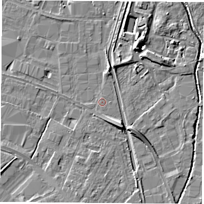 Shaded relief map of the ground around LE115JB, computed from Environment Agency LiDAR. The ground here sits at about 38 m above sea level and falls 10 m across the surrounding 800 m. Surface water reaching this point runs off ground lying to the south-east, 3.8 m higher.