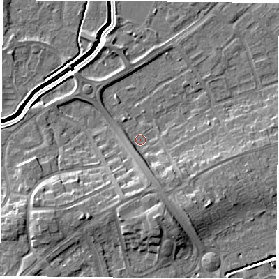 Shaded relief map of the ground around LE115JE, computed from Environment Agency LiDAR. The ground here sits at about 40 m above sea level and falls 12 m across the surrounding 800 m. Surface water reaching this point runs off ground lying to the south-south-east, 6.4 m higher.