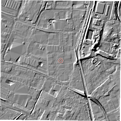 Shaded relief map of the ground around LE115JF, computed from Environment Agency LiDAR. The ground here sits at about 37 m above sea level and falls 10 m across the surrounding 800 m. The ground contributing surface water to this point lies to the south.