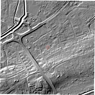 Shaded relief map of the ground around LE115JG, computed from Environment Agency LiDAR. The ground here sits at about 39 m above sea level and falls 12 m across the surrounding 800 m. Surface water reaching this point runs off ground lying to the south, 8.0 m higher.