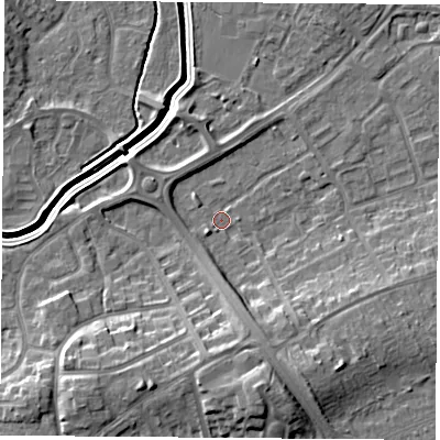 Shaded relief map of the ground around LE115JH, computed from Environment Agency LiDAR. The ground here sits at about 39 m above sea level and falls 12 m across the surrounding 800 m. Surface water reaching this point runs off ground lying to the south-south-east, 7.3 m higher.