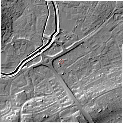 Shaded relief map of the ground around LE115JJ, computed from Environment Agency LiDAR. The ground here sits at about 39 m above sea level and falls 12 m across the surrounding 800 m. Surface water reaching this point runs off ground lying to the south-south-east, 10.1 m higher.