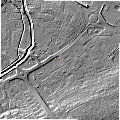 Shaded relief map of the ground around LE115JL, computed from Environment Agency LiDAR. The ground here sits at about 39 m above sea level and falls 11 m across the surrounding 800 m. Surface water reaching this point runs off ground lying to the south-south-west, 8.4 m higher.