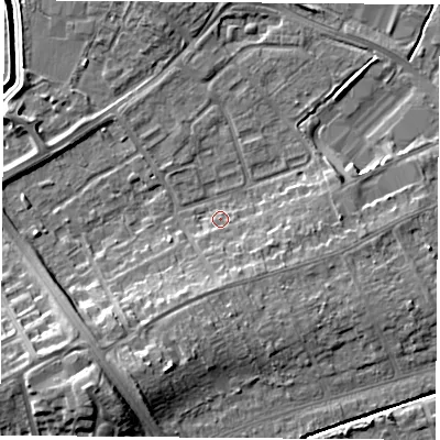 Shaded relief map of the ground around LE115JN, computed from Environment Agency LiDAR. The ground here sits at about 40 m above sea level and falls 12 m across the surrounding 800 m. Surface water reaching this point runs off ground lying to the south-south-east, 4.0 m higher.