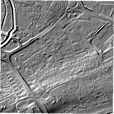 Shaded relief map of the ground around LE115JZ, computed from Environment Agency LiDAR. The ground here sits at about 39 m above sea level and falls 12 m across the surrounding 800 m. Surface water reaching this point runs off ground lying to the south-south-west, 8.4 m higher.