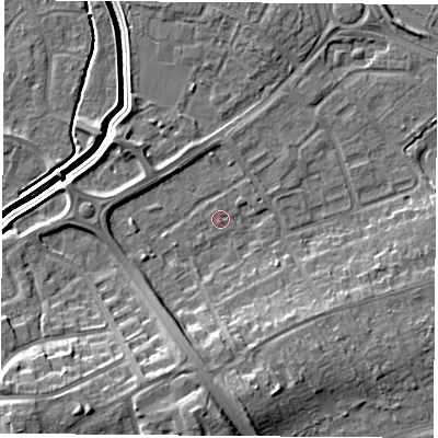 Shaded relief map of the ground around LE115LB, computed from Environment Agency LiDAR. The ground here sits at about 39 m above sea level and falls 12 m across the surrounding 800 m. Surface water reaching this point runs off ground lying to the south, 10.6 m higher.