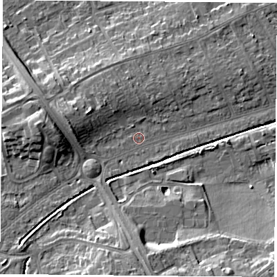 Shaded relief map of the ground around LE115LS, computed from Environment Agency LiDAR. The ground here sits at about 42 m above sea level and falls 12 m across the surrounding 800 m. Surface water reaching this point runs off ground lying to the south-south-west, 8.8 m higher.