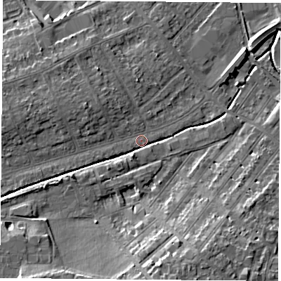 Shaded relief map of the ground around LE115LX, computed from Environment Agency LiDAR. The ground here sits at about 40 m above sea level and falls 12 m across the surrounding 800 m. Surface water reaching this point runs off ground lying to the west, 3.0 m higher.