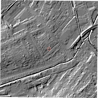 Shaded relief map of the ground around LE115NG, computed from Environment Agency LiDAR. The ground here sits at about 41 m above sea level and falls 9 m across the surrounding 800 m. Surface water reaching this point runs off ground lying to the west-south-west, 2.3 m higher.