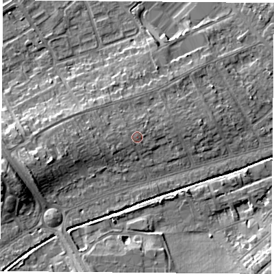Shaded relief map of the ground around LE115NQ, computed from Environment Agency LiDAR. The ground here sits at about 43 m above sea level and falls 11 m across the surrounding 800 m. The ground contributing surface water to this point lies to the west-north-west.