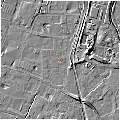 Shaded relief map of the ground around LE115QS, computed from Environment Agency LiDAR. The ground here sits at about 37 m above sea level and falls 10 m across the surrounding 800 m. Surface water reaching this point runs off ground lying to the east-south-east, 3.0 m higher.
