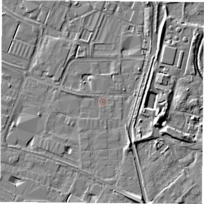 Shaded relief map of the ground around LE115QY, computed from Environment Agency LiDAR. The ground here sits at about 37 m above sea level and falls 10 m across the surrounding 800 m. Surface water reaching this point runs off ground lying to the east-south-east, 9.8 m higher.