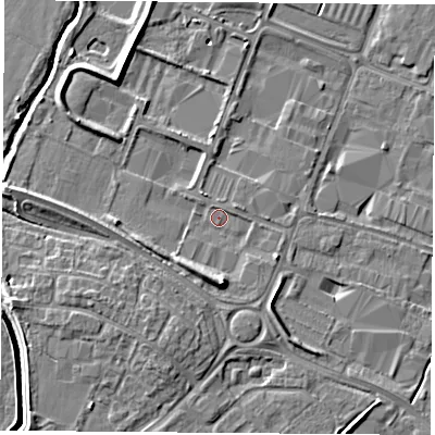 Shaded relief map of the ground around LE115RA, computed from Environment Agency LiDAR. The ground here sits at about 38 m above sea level and falls 7 m across the surrounding 800 m. Surface water reaching this point runs off ground lying to the south, 4.2 m higher.