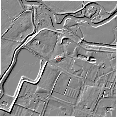 Shaded relief map of the ground around LE115RB, computed from Environment Agency LiDAR. The ground here sits at about 37 m above sea level and falls 5 m across the surrounding 800 m. Surface water reaching this point runs off ground lying to the east, 1.7 m higher.