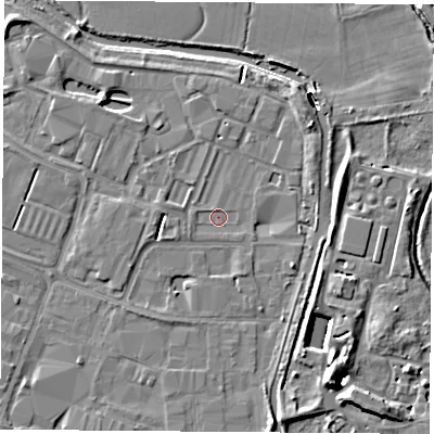 Shaded relief map of the ground around LE115RD, computed from Environment Agency LiDAR. The ground here sits at about 36 m above sea level and falls 10 m across the surrounding 800 m. Surface water reaching this point runs off ground lying to the south-east, 7.1 m higher.