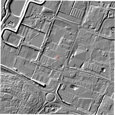 Shaded relief map of the ground around LE115RE, computed from Environment Agency LiDAR. The ground here sits at about 37 m above sea level and falls 7 m across the surrounding 800 m. Surface water reaching this point runs off ground lying to the south-south-west, 0.7 m higher.