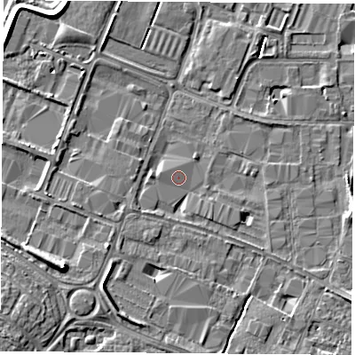 Shaded relief map of the ground around LE115RG, computed from Environment Agency LiDAR. The ground here sits at about 37 m above sea level and falls 7 m across the surrounding 800 m. Surface water reaching this point runs off ground lying to the west, 0.7 m higher.