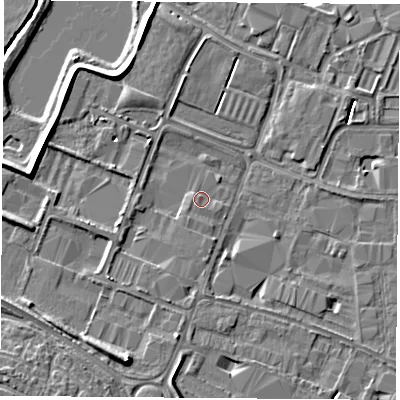Shaded relief map of the ground around LE115RJ, computed from Environment Agency LiDAR. The ground here sits at about 37 m above sea level and falls 7 m across the surrounding 800 m. Surface water reaching this point runs off ground lying to the south-west, 0.7 m higher.