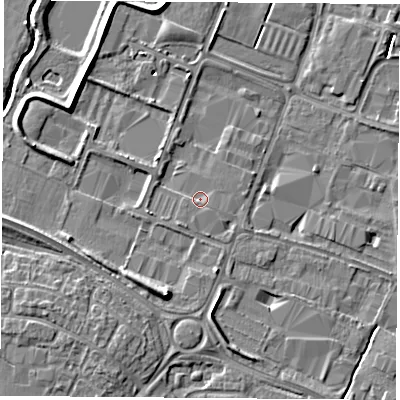 Shaded relief map of the ground around LE115RL, computed from Environment Agency LiDAR. The ground here sits at about 37 m above sea level and falls 7 m across the surrounding 800 m. Surface water reaching this point runs off ground lying to the south-east, 0.9 m higher.