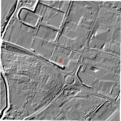 Shaded relief map of the ground around LE115RN, computed from Environment Agency LiDAR. The ground here sits at about 38 m above sea level and falls 7 m across the surrounding 800 m. Surface water reaching this point runs off ground lying to the south-west, 2.8 m higher.