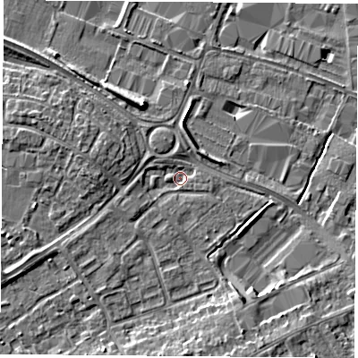 Shaded relief map of the ground around LE115RP, computed from Environment Agency LiDAR. The ground here sits at about 38 m above sea level and falls 7 m across the surrounding 800 m. Surface water reaching this point runs off ground lying to the south-south-east, 3.9 m higher.