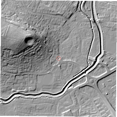 Shaded relief map of the ground around LE115RX, computed from Environment Agency LiDAR. The ground here sits at about 40 m above sea level and falls 24 m across the surrounding 800 m. Surface water reaching this point runs off ground lying to the west-north-west, 18.7 m higher.