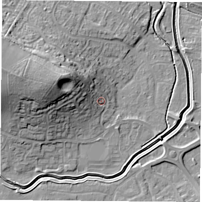 Shaded relief map of the ground around LE115RY, computed from Environment Agency LiDAR. The ground here sits at about 43 m above sea level and falls 24 m across the surrounding 800 m. Surface water reaching this point runs off ground lying to the west-north-west, 12.2 m higher.