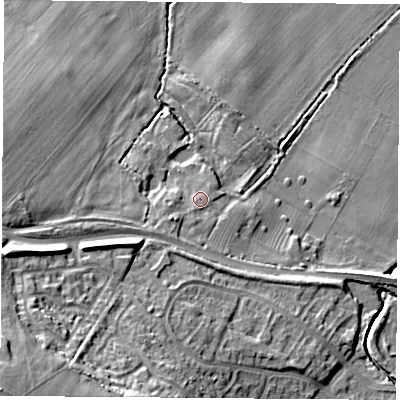 Shaded relief map of the ground around LE115SF, computed from Environment Agency LiDAR. The ground here sits at about 40 m above sea level and falls 27 m across the surrounding 800 m. Surface water reaching this point runs off ground lying to the south-west, 2.7 m higher.