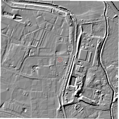 Shaded relief map of the ground around LE115ST, computed from Environment Agency LiDAR. The ground here sits at about 37 m above sea level and falls 10 m across the surrounding 800 m. Surface water reaching this point runs off ground lying to the east-south-east, 2.1 m higher.