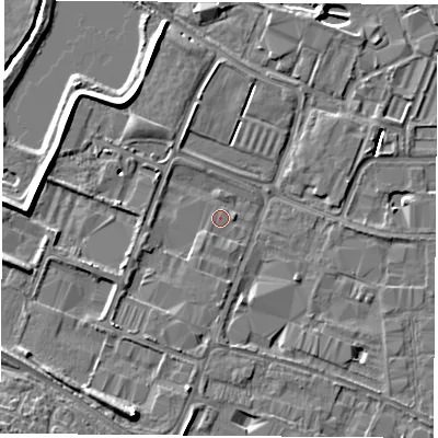 Shaded relief map of the ground around LE115TH, computed from Environment Agency LiDAR. The ground here sits at about 37 m above sea level and falls 7 m across the surrounding 800 m. Surface water reaching this point runs off ground lying to the south-south-west, 0.7 m higher.