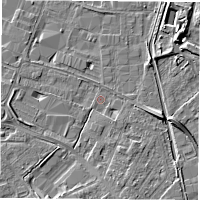Shaded relief map of the ground around LE115TR, computed from Environment Agency LiDAR. The ground here sits at about 37 m above sea level and falls 10 m across the surrounding 800 m. Surface water reaching this point runs off ground lying to the south-south-west, 4.9 m higher.