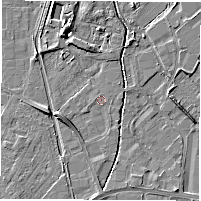 Shaded relief map of the ground around LE115TW, computed from Environment Agency LiDAR. The ground here sits at about 38 m above sea level and falls 10 m across the surrounding 800 m. Surface water reaching this point runs off ground lying to the west-south-west, 4.4 m higher.