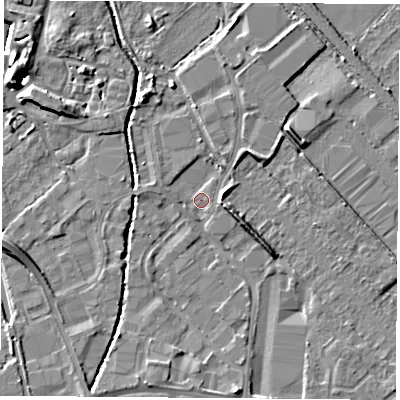 Shaded relief map of the ground around LE115TX, computed from Environment Agency LiDAR. The ground here sits at about 37 m above sea level and falls 10 m across the surrounding 800 m. Surface water reaching this point runs off ground lying to the east-south-east, 4.8 m higher.