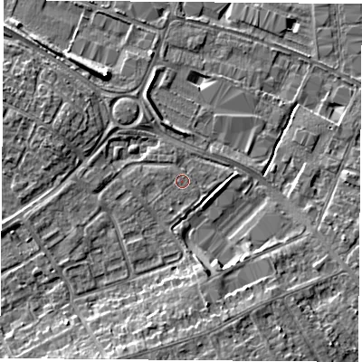 Shaded relief map of the ground around LE115UA, computed from Environment Agency LiDAR. The ground here sits at about 39 m above sea level and falls 7 m across the surrounding 800 m. Surface water reaching this point runs off ground lying to the south-south-west, 0.7 m higher.