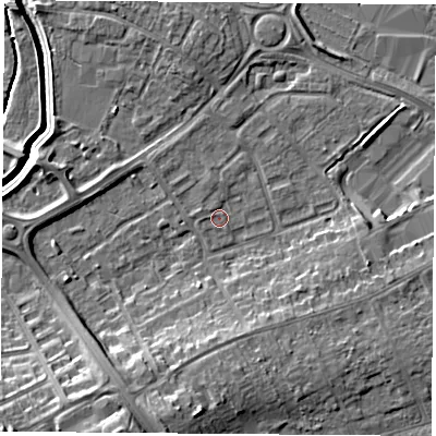 Shaded relief map of the ground around LE115UB, computed from Environment Agency LiDAR. The ground here sits at about 39 m above sea level and falls 12 m across the surrounding 800 m. Surface water reaching this point runs off ground lying to the south-south-west, 8.4 m higher.