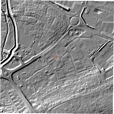 Shaded relief map of the ground around LE115UD, computed from Environment Agency LiDAR. The ground here sits at about 39 m above sea level and falls 10 m across the surrounding 800 m. The ground contributing surface water to this point lies to the south-east.