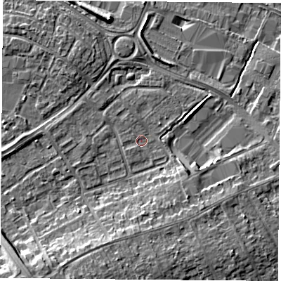 Shaded relief map of the ground around LE115UE, computed from Environment Agency LiDAR. The ground here sits at about 39 m above sea level and falls 10 m across the surrounding 800 m. Surface water reaching this point runs off ground lying to the south-west, 6.8 m higher.