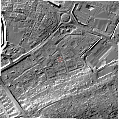 Shaded relief map of the ground around LE115UF, computed from Environment Agency LiDAR. The ground here sits at about 39 m above sea level and falls 10 m across the surrounding 800 m. Surface water reaching this point runs off ground lying to the south-south-west, 7.4 m higher.