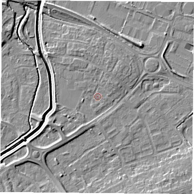 Shaded relief map of the ground around LE115UP, computed from Environment Agency LiDAR. The ground here sits at about 39 m above sea level and falls 7 m across the surrounding 800 m. Surface water reaching this point runs off ground lying to the west-south-west, 3.0 m higher.