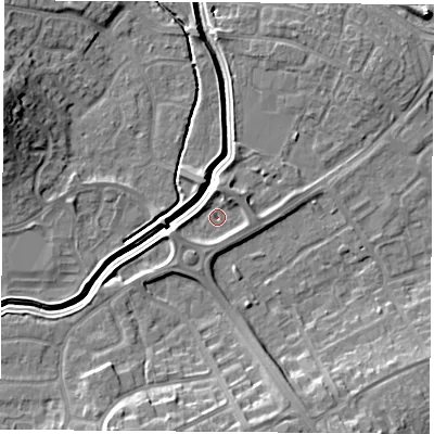 Shaded relief map of the ground around LE115XB, computed from Environment Agency LiDAR. The ground here sits at about 39 m above sea level and falls 13 m across the surrounding 800 m. Surface water reaching this point runs off ground lying to the west-south-west, 2.9 m higher.