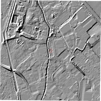 Shaded relief map of the ground around LE115XG, computed from Environment Agency LiDAR. The ground here sits at about 37 m above sea level and falls 10 m across the surrounding 800 m. Surface water reaching this point runs off ground lying to the south, 1.0 m higher.