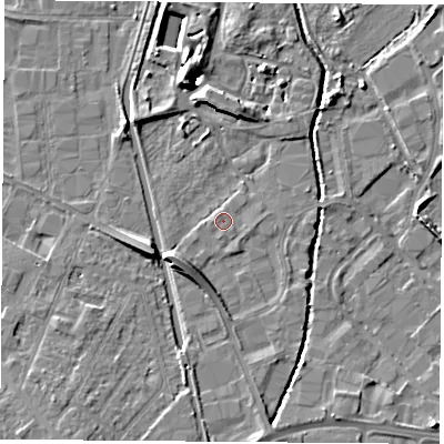Shaded relief map of the ground around LE115XJ, computed from Environment Agency LiDAR. The ground here sits at about 38 m above sea level and falls 10 m across the surrounding 800 m. Surface water reaching this point runs off ground lying to the south-west, 4.8 m higher.