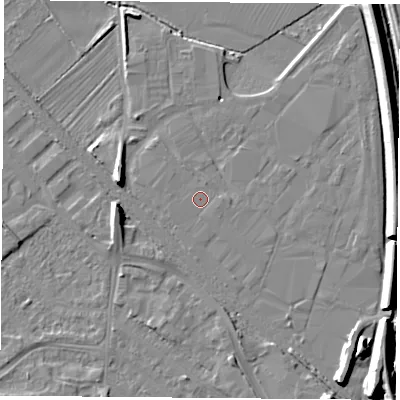 Shaded relief map of the ground around LE115XL, computed from Environment Agency LiDAR. The ground here sits at about 38 m above sea level and falls 9 m across the surrounding 800 m. Surface water reaching this point runs off ground lying to the south-south-east, 0.6 m higher.